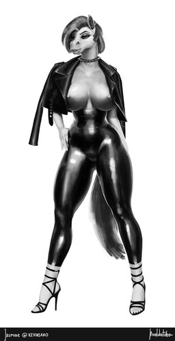 ankle_strap_heels anthro barefoot big_breasts biped bottomwear breasts clothed clothing collar ear_piercing feet female footwear glistening glistening_clothing hair high_heeled_sandals high_heels jacket latex leather leather_bottomwear leather_clothing leather_jacket leather_pants leather_topwear lips nipples pants piercing sandals shoes short_hair simple_background smile solo stiletto_heels tail thick_lips thick_thighs toes topwear pixelsketcher jasmine_(kevinsano) equid equine horse mammal 2018 digital_media_(artwork) hi_res monochrome