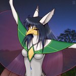 anthro beak black_hair blue_eyes breasts clothed clothing eyelashes female hair long_hair night outside partially_clothed plant solo topwear tree white_body crocodiler_owen avian bird 1:1 hi_res