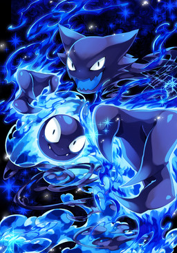 alternate_color ambiguous_gender black_eyes duo fangs looking_at_viewer open_mouth smile teeth akezu nintendo pokemon gastly generation_1_pokemon ghost haunter pokemon_(species) shiny_pokemon sphere_creature spirit undead blue_theme cool_colors