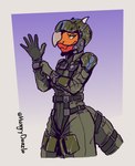 anthro armor breasts clothed clothing eyeliner eyeshadow female flight_suit fullbody_suit furgonomics gloves green_eyes handwear headgear helmet horn jumpsuit makeup pilot pilot_helmet red_body red_scales scales science_fiction simple_background solo straps tail tail_strap visor white_horn wide_hips hungrydazzle armored_core_(series) xil-bar lizard reptile scalie 2023 absurd_res hi_res