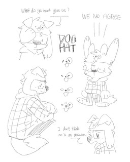 anthro bottomwear cheek_tuft clothed clothing dipstick_tail duo eyewear facial_tuft floppy_ears front_view glasses hat head_tuft headgear headwear male markings open_mouth rectangular_glasses side_view simple_background simple_eyes sitting standing tail tail_markings topwear tuft unsigned asnnonaka doghat_(asnnonaka) animate_inanimate canid canine canis domestic_dog mammal 4:5 bust_portrait full-length_portrait hi_res monochrome portrait sketch