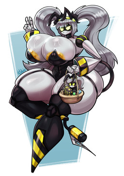 5_fingers areola big_breasts bodily_fluids breasts bunny_costume clothing costume egg_basket fake_ears fake_rabbit_ears female fingers gesture grey_hair hair hand_gesture holidays huge_breasts machine not_furry solo sweat sweaty_breasts tail text thick_thighs v_sign white_body yellow_areola mrmelted easter glitch_productions murder_drones j_(murder_drones) robot 2026 absurd_res artist_name dated hi_res