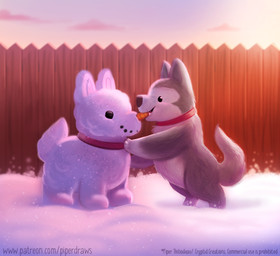 ambiguous_gender beady_eyes black_eyes brown_body brown_fur carrot collar daww fangs feral food fur outside plant sky smile snow snowman solo sun tan_body tan_fur teeth text vegetable winter piper_thibodeau canid canine canis domestic_dog mammal 2020 digital_media_(artwork) digital_painting_(artwork) painting_(artwork) url