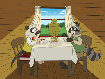accessory anthro beverage black_body bottomwear chair clothing detailed_background duo food furniture grey_body happy inside male necktie open_mouth pants shirt sitting tea topwear white_body piothecloudrat cloud_rat mammal northern_luzon_cloud_rat procyonid raccoon rodent 2026 4:3 hi_res