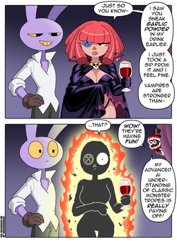 2_panel_comic :/ anthro big_breasts black_cloak black_clothing blue_eyes border bottomwear breasts brown_clothing brown_gloves brown_handwear burning button_(fastener) button_eyes cleavage cloak clothed clothing container cup dialogue doll drinking_glass duo_focus fangs female fire for_a_head fur glass glass_container glass_cup gloves gradient_background green_eyes grey_bottomwear grey_clothing grey_pants group hair handwear hat headgear headwear heterochromia male narrow_pupils pants pantsless pantsless_female pupils purple_background purple_body purple_fur red_hair shirt simple_background skull_accessory smile square_pupils teeth text thong top_hat topwear triangle_nose trio underwear white_border white_clothing white_shirt white_topwear wine_glass yellow_sclera yellow_teeth nico_neko nicolasgravelqc glitch_productions the_amazing_digital_circus caine_(tadc) jax_(tadc) ragatha_(tadc) animate_inanimate humanoid lagomorph leporid living_doll mammal object_head rabbit vampire 2026 absurd_res comic english_text hi_res