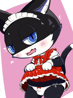 anthro black_body black_fur blue_eyes blush bodily_fluids bottomwear bulge clothed clothing clothing_lift crossdressing embarrassed fur genital_fluids looking_at_viewer maid_uniform male markings mask panties precum precum_through_clothing precum_through_panties side-tie_panties skirt skirt_lift solo tail tail_markings underwear uniform wet wet_clothing white_body white_fur young mysidia_rabbit_(artist) persona_(series) persona_5 morgana_(persona) domestic_cat felid feline felis mammal tuxedo_cat 3:4