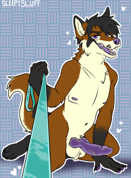 animal_genitalia animal_penis anthro balls claws erection fur genitals hair kneeling leash leash_pull looking_at_viewer male navel nipples nude pattern_background penis purple_penis simple_background slim smile solo sleepysluff canid canine canis fox mammal digital_media_(artwork) full-length_portrait hi_res portrait
