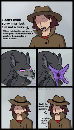 anthro beard black_beard black_body black_ears black_eyebrows black_facial_hair black_fur black_hair black_nose black_text bluesky_logo bodily_fluids brown_clothing brown_coat brown_hair brown_hat brown_headwear brown_topwear brown_trenchcoat button_(fastener) clothed clothed_human clothed_male clothing coat countershade_face countershade_fur countershading dark_body dark_fur dark_hair dialogue duo ellipsis emanata empty_eyes eyebrows eyelashes eyeless facial_hair female fingers flash_emanata fur grey_background grey_body grey_countershading grey_fur grey_inner_ear hair hat headgear headwear humor light_body light_fur light_skin logo long_hair male monotone_background monotone_hair motion_lines motion_outline multicolored_body multicolored_fur nervous nervous_sweat open_mouth pink_eyes pink_tongue pointy_ears prick_ears raised_eyebrow red_clothing red_shirt red_topwear reddit_logo shadow shirt short_hair simple_background simple_eyes snout sweat sweatdrop talking_to_another teeth text thin_eyebrows three-quarter_view tongue topwear trenchcoat two_tone_body two_tone_fur website_logo x_logo seguidordpriapo ben_10 bluesky_(social_media) cartoon_network reddit x_(social_media) alien canid canine canis human loboan mammal wolf 2025 alternate_version_at_source artist_name comic digital_drawing_(artwork) digital_media_(artwork) english_text