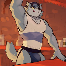 abs anthro black_clothing black_nose black_underwear bulge clothed clothing countershading fur grey_body grey_fur hat headgear headwear inside jockstrap male male_anthro muscular muscular_anthro muscular_male pantsless shirt solo tank_top topwear underwear yellow_sclera seibear cartoon_network we_baby_bears we_bare_bears wolf_(we_baby_bears) canid canine canis mammal wolf 1:1 digital_media_(artwork) hi_res shaded