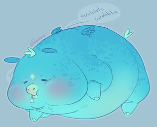ambiguous_feral ambiguous_gender blue_body blue_wings blush bodily_fluids closed_smile drooling eyes_closed feral grey_background hair motion_lines mouth_closed obese onomatopoeia overweight quadruped saliva simple_background small_tail smile solo sound_effects spots tail teal_hair teal_tail text walking wings young young_ambiguous young_feral ribbone_(fc) fluffy_pony mythology equid equine fluffy_pony_(species) mammal mythological_creature mythological_equine pegasus digital_drawing_(artwork) digital_media_(artwork) english_description english_text flat_colors