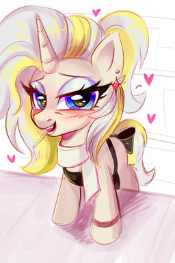 apron bedroom_eyes blush candy clothing dessert female feral food heart_symbol horn lollipop looking_at_viewer mature_female narrowed_eyes seductive smile solo pozya1007 hasbro my_little_pony mythology fuguang equid equine mammal mythological_creature mythological_equine unicorn absurd_res hi_res