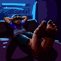 anthro bedroom clothed clothing feet foot_fetish foot_focus hands_behind_head humanoid_feet male pawpads paws plantigrade solo teasing ikeyrandomcars micro_(ikeyrandomcars) bear mammal 1:1 absurd_res hi_res shaded
