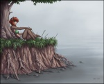 2014 amphibian anthro bikini bikini_top biped bottomwear brown_body brown_fur clothed clothing conditional_dnp digital_media_(artwork) female flower frog fur grass green_eyes hair jay_naylor mammal mustelid otter outside plant reclining red_(jay_naylor) red_hair rock roots shorts sitting solo swimwear tree two-piece_swimsuit water