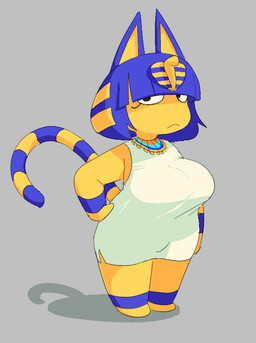 anthro big_breasts blonde_hair blue_bracelet blue_ears blue_hair blue_legband bracelet breasts clothing curled_tail dress eyelashes female fur grey_background hair hand_on_hip head_accessory huge_breasts jewelry long_eyelashes looking_at_viewer markings multicolored_hair necklace shortstack shortstack_female simple_background solo striped_markings striped_tail stripes tail tail_markings white_clothing white_dress wide_hips yellow_body yellow_fur yellow_inner_ear dimpindot animal_crossing nintendo ankha_(animal_crossing) domestic_cat felid feline felis mammal 2026