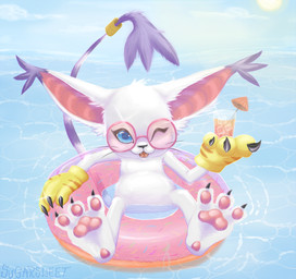 3_fingers 3_toes accessory beverage black_claws blue_eyes claws clothing container cup day eyewear fangs feet fingers fur furgonomics gloves goblyngoyle handwear inflatable jewelry male markings one_eye_closed open_mouth pawpads paws pink_inner_ear purple_body purple_fur purple_markings ring semi-anthro sitting solo summer sun sunglasses tail tail_accessory tail_jewelry tail_ring teeth toe_claws toes tongue water whiskers white_body white_fur wink sugarsweet bandai_namco digimon digimon_(species) felid feline felis gatomon mammal hi_res signature