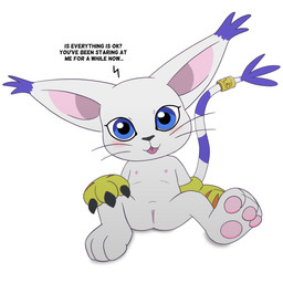 accessory anthro blue_eyes clothing dialogue feet female flat_chested fur furgonomics genitals gloves handwear head_tilt jewelry loli markings nipples pawpads paws ring size_difference smaller_female soles solo striped_markings striped_tail stripes tail tail_accessory tail_jewelry tail_markings tail_ring talking_to_viewer text toes vulva white_body white_fur young young_anthro young_female teot bandai_namco digimon digimon_(species) felid feline gatomon mammal 1:1 absurd_res english_text hi_res