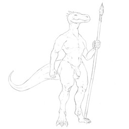anthro balls claws flaccid foreskin genitals holding_melee_weapon holding_object holding_polearm holding_spear holding_weapon humanoid_genitalia humanoid_penis male melee_weapon mouth_closed navel nipples nude penis polearm simple_background solo spear standing unsigned vein veiny_penis weapon upai scalie 1:1 full-length_portrait hi_res monochrome portrait sketch