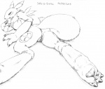 anthro anus biped black_sclera breasts butt digitigrade dipstick_ears ear_markings female fur genitals knee_pit looking_back lying multicolored_ears nipples on_front pawpads pussy side_boob solo spread_legs spreading tail tattoo asthexiancal bandai_namco digimon canid canine digimon_(species) mammal renamon 2007 black_and_white monochrome