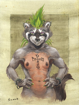 alternative_fashion anthro barbell_piercing black_nose bracelet breasts brown_nipples chest_tattoo circular_barbell_piercing ear_piercing eyebrow_piercing eyebrows facial_piercing fangs female fur green_hair grey_body grey_fur hair hand_tattoo jewelry mohawk navel nipples nose_piercing nude nude_anthro nude_female piercing punk septum_circular_barbell septum_piercing shaved shaved_chest solo spiked_bracelet spikes tattoo teeth scale_(artist) mammal procyonid raccoon