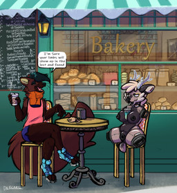 4_missing_limbs after_transformation amputee anthro antlers between_breasts beverage beverage_between_breasts bread breasts brown_body brown_fur casual_nudity clothed clothing collar croissant disability duo female food fur genitals green_eyes handles_on_shoulders handles_on_thighs horn inflatable living_sex_toy nude orange_body orange_fur outside pastry quadruple_amputee sex_toy_transformation text vulva dascarl blacksmoke_(copyright) miststalker apple_greene gabrielle_mistel animate_inanimate canid canine deer gulonine living_inflatable living_sex_doll mammal marten mustelid musteline pine_marten absurd_res english_text hi_res trans_(lore) trans_woman_(lore)