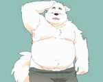 anthro belly big_belly bottomwear clothing eyes_closed humanoid_hands kemono male moobs overweight overweight_male shorts simple_background solo tired inunoshippo canid canine canis domestic_dog mammal 2022 5:4 hi_res