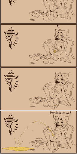 bodily_fluids border bottomwear clothed clothing embarrassed female female_peeing genital_fluids genitals looking_at_viewer pants partially_clothed peeing power_pissing solo tears urine urine_on_ground vulva watersports white_border young cassis felid feline felis mammal absurd_res comic hi_res
