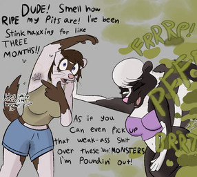 anthro armpit_fetish armpit_hair armpit_musk body_hair competition duo fart fart_fetish female female_farting smelly smelly_armpits text gassipon domestic_ferret mammal mephitid mustelid musteline skunk true_musteline weasel english_text hi_res