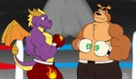 anthro anthrofied athletic athletic_anthro athletic_male black_bottomwear black_clothing black_shorts bottomwear boxing boxing_gloves brown_body brown_fur clothing duo eyewear fighting_ring flame_pattern fur handwear horn male monocle musclegut muscular muscular_anthro muscular_male orange_wings overweight overweight_anthro overweight_male purple_body red_bottomwear red_boxing_gloves red_clothing red_handwear red_shorts shorts sport tail white_boxing_gloves white_clothing white_handwear wings yellow_body caseyljones activision mythology spyro_the_dragon moneybags_(spyro) spyro bear dragon mammal mythological_creature mythological_scalie scalie