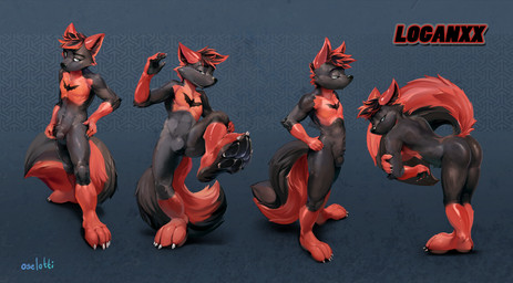 anthro biped black_body black_fur black_inner_ear_fluff black_markings black_nose black_pawpads black_tail blue_eyes butt chest_markings claws ears_back featureless_crotch finger_claws front_view fur fur_markings glistening glistening_nose glistening_pawpads gloves_(marking) inner_ear_fluff leg_markings male markings multicolored_body multicolored_fur multiple_poses navel pattern_background pawpads pivoted_ears plantigrade pose presenting presenting_hindquarters raised_tail red_body red_ears red_fur red_tail side_view simple_background socks_(marking) solo standing tail tuft two_tone_body two_tone_fur two_tone_tail white_claws oselotti loganxx canid canine canis mammal wolf signature