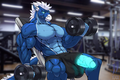 abs anthro balls big_balls big_penis bodily_fluids bottomwear clothed clothing erection exercise foreskin genitals glowing glowing_genitalia gym male muscular muscular_anthro muscular_male partially_retracted_foreskin pecs penis solo sweat tail topless vein workout iudicium86 mythology nighdruth_(character) dragon mythological_creature mythological_scalie reptile scalie hi_res
