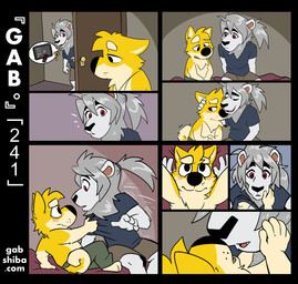 anthro barefoot bed black_nose blue_clothing blue_shirt blue_t-shirt blue_topwear blush bottomwear brown_bottomwear brown_clothing brown_shorts clothed clothing clothing_pull curled_tail door duo eight_frame_image entering face_grab feet fur furniture green_bottomwear green_clothing green_pants hair hug imminent_kiss lying lying_on_bed male male/male mane on_bed pants ponytail red_eyes sad shirt shirt_grab shirt_pull shorts sitting sitting_on_bed speech_bubble t-shirt tail text topless topless_male topwear topwear_pull white_body white_fur white_mane yellow_body yellow_fur gabshiba gab_(comic) elion_(gabshiba) gab_shiba canid canine canis domestic_dog felid lion mammal pantherine shiba_inu spitz 2026 colored comic digital_drawing_(artwork) digital_media_(artwork) pictographics url