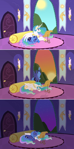 banner blue_body blue_feathers blue_hair candle castle cutie_mark day duo eyes_closed feathered_wings feathers female feral fire green_eyes hair horn long_hair magic multicolored_hair night princess purple_eyes quadruped royalty sleeping sun tail white_body white_feathers wings bux friendship_is_magic hasbro my_little_pony mythology princess_celestia_(mlp) princess_luna_(mlp) equid equine mammal mythological_creature mythological_equine winged_unicorn absurd_res comic hi_res sibling_(lore) sister_(lore) sisters_(lore)