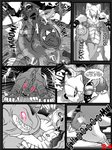 anthro battle bluebean bodily_fluids comic curved_text dialogue dotted_line dotted_line_speech_bubble english_text feral feraligatr focus_lines generation_1_pokemon generation_2_pokemon group hi_res male marowak monochrome nintendo page_number parallel_speed_lines pokemon pokemon_(species) radial_speed_lines saliva sound_effects speech_bubble speed_lines stylized_text text tyranitar violence