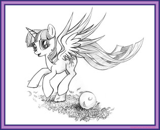 ball border cutie_mark female feral hair hooves horn leaf leaves_on_ground long_tail looking_at_viewer open_mouth purple_border quadruped raised_hoof raised_leg_over_edge simple_background solo spread_wings tail text white_background wings uminanimu friendship_is_magic hasbro my_little_pony mythology twilight_sparkle_(mlp) equid equine horse mammal mythological_creature mythological_equine pony winged_unicorn 2015 absurd_res graphite_(artwork) hi_res monochrome traditional_media_(artwork) url