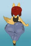 anthro big_butt bottomless breasts butt clothed clothing female footwear hair hair_bun heart_on_butt high_heels huge_butt mule_heels open_toe_heels painted_clothing rear_view red_hair shirt shoes solo standing tail tank_top thick_thighs topwear wide_hips purple_yoshi_draws tsuki_(stunna) canid canine mammal raccoon_dog tanuki 2023 hi_res male_(lore)