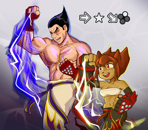4_fingers 5_fingers anthro armwear black_hair bottomwear breasts brown_body brown_hair clothing crop_top duo elbow_gloves electric_wind_god_fist female fighting_game fingerless_gloves fingers gloves hair handwear input_prompt larger_human larger_male male pants punch purple_electricity purple_lighting purple_lightning red_eyes shirt shirtless simple_background size_difference small_breasts smaller_anthro smaller_female standing topwear training whiskers yellow_electricity yellow_light yellow_lighting boanoitelulu gameoverse glitch_productions tekken kazuya_mishima kit_bodega domestic_cat felid feline felis human mammal absurd_res hi_res