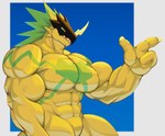 abs anthro armor featureless_crotch green_eyes headgear helmet male muscular muscular_anthro muscular_male pecs solo yellow_body zhangkuu bandai_namco digimon bulkmon digimon_(species) scalie