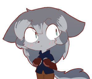 :< anthro arms_together big_head big_tail black_clothing black_shirt black_topwear blush blush_lines bottomwear brown_bottomwear brown_clothing brown_gloves brown_handwear brown_pants clothing curious ears_down eyebrows fingerless_gloves fur gloves grey_body grey_eyes grey_fur hair hair_over_eyes handwear head_tuft kemono long_hair looking_aside male multicolored_body multicolored_fur pants pivoted_ears raised_eyebrows shirt solo standing tail tail_tuft topwear tuft two_tone_body two_tone_fur sodanalan1998 seibold_(fiddleafox) canid canine canis mammal wolf 2024 digital_drawing_(artwork) digital_media_(artwork) hi_res