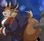 anal anthro antlers balls belly big_belly big_butt blush bodily_fluids bottomless brown_body brown_fur butt clothed clothing cum cum_in_ass cum_inside cum_while_penetrated duo erection fur genital_fluids genitals horn male male/male male_penetrated male_penetrating male_penetrating_male obese obese_anthro obese_male overweight overweight_anthro overweight_male penetration penis sex thick_thighs yamatoji201 tamacolle kazusa deer human mammal hi_res