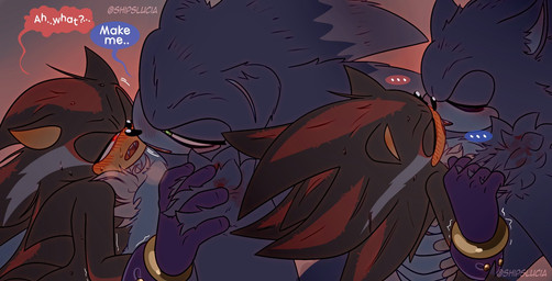 anthro aroused bed blood blush bodily_fluids claws duo ellipsis fangs furniture kissing larger_male male narrowed_eyes shaking size_difference smaller_male speech_bubble sweat sweatdrop teeth shipslucia sega sonic_the_hedgehog_(series) sonic_unleashed shadow_the_hedgehog sonic_the_hedgehog sonic_the_werehog eulipotyphlan hedgehog mammal vampire werecreature wereeulipotyphlan werehog hi_res