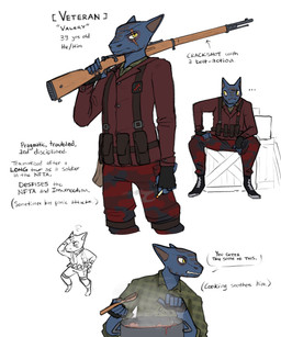 ammo_belt anthro blue_body bolt-action_rifle bottomwear box camo camo_bottomwear camo_clothing camo_pants camo_print cigarette clothed clothing collared_shirt container cooking cooking_pot dialogue digitigrade dress_shirt fingerless_gloves food gloves gun handwear holding_cigarette holding_gun holding_object holding_ranged_weapon holding_rifle holding_weapon looking_aside male pants pattern_bottomwear pattern_clothing pattern_pants ranged_weapon rifle scales scar shirt simple_background sitting solo standing text topwear veteran weapon white_background yellow_eyes skalamari project_silverfish the_veteran_(project_silverfish) inheritor lizard reptile scalie 2025 english_text hi_res