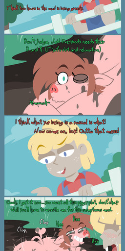 anthro ass_clapping big_butt blep blonde_hair blue_eyes buckteeth butt clothing curled_tail duo farm farmer freckles hair male male/male mud overalls overweight overweight_male pink_body pink_skin red_hair tail teal_eyes teeth text tongue tongue_out twerking shane_frost domestic_pig human mammal suid suine sus_(pig) absurd_res comic english_text hi_res