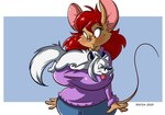 anthro big_breasts bottomwear breasts clothing duo female fur green_eyes hair huge_breasts male markings mole_(marking) pants red_hair sweater thick_thighs tongue tongue_out topwear white_body white_fur yellow_eyes dutch_(artist) misty_the_mouse deon_(deonwolf) misty_(dutch) canid canine canis mammal mouse murid murine rodent wolf 2021 digital_media_(artwork)