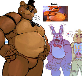 4_fingers 5_fingers accessories_only anthro arm_tuft barazoku beak belly bib black_bow_tie black_nose black_text blue_body blue_eyes blush blush_lines bodily_fluids bow_tie breasts brown_body brown_fur candle cheek_tuft chest_tuft clothing cupcake dialogue ear_tuft eyebrows facial_tuft featureless_breasts female fingers food fur fur_tuft group half-closed_eyes hand_on_belly hand_on_hip hat headgear headwear joints judging lgbt_pride looking_at_another looking_at_belly machine male multicolored_body musclegut muscular narrowed_eyes navel no_genitals nude nude_anthro nude_female nude_male open_mouth orange_beak pink_eyes plate pride_colors question_mark rainbow_flag rainbow_pride_flag rainbow_symbol red_bow_tie robot_joints shitpost shocked shoulder_tuft simple_background slightly_chubby snout standing sweat teeth text thought_bubble top_hat trio tuft white_background wide_eyed worried yellow_body o_reowoof reolixious five_nights_at_freddy's scottgames bonnie_(fnaf) chica_(fnaf) cupcake_(fnaf) freddy_(fnaf) animatronic avian bear bird chicken galliform lagomorph leporid mammal phasianid rabbit robot ursine absurd_res english_text hi_res meme