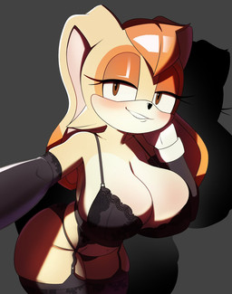 anthro armwear big_breasts black_bra black_clothing black_legwear black_nose black_panties black_stockings black_thigh_highs black_underwear bra breasts cleavage clothed clothing elbow_gloves eyelashes female garter_belt garter_straps gloves hair half-closed_eyes handwear lace lace_bra legwear lingerie long_ears looking_at_viewer mature_female narrowed_eyes orange_hair panties selfie short_hair smile solo stockings teeth thigh_highs underwear god1annie sega sonic_the_hedgehog_(series) vanilla_the_rabbit lagomorph leporid mammal rabbit 2026 digital_media_(artwork) hi_res