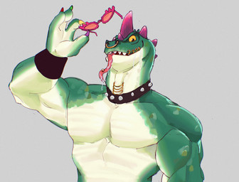 4_fingers anthro biceps bodily_fluids bracelet brown_eyes collar drooling eyewear facial_piercing fingers forked_tongue glasses green_body grey_background head_spikes holding_eyewear holding_object holding_sunglasses jewelry looking_at_viewer male mouth_piercing multicolored_claws muscular neck_piercing nose_piercing nose_ring open_mouth open_smile pecs piercing pink_eyewear pink_glasses purple_spikes ring_piercing saliva saliva_on_tongue sharp_teeth simple_background smile solo spikes spikes_(anatomy) sunglasses teeth tongue tongue_out tongue_piercing yellow_sclera leons goat_(movie) sony_corporation sony_pictures modo_olachenko komodo_dragon lizard monitor_lizard reptile scalie 2026 absurd_res digital_media_(artwork) hi_res