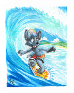anthro black_nose blue_hair boxers_(clothing) brown_eyes clothed clothing fur glistening glistening_eyes green_hair grey_body grey_fur hair logo male open_mouth open_smile red_clothing red_hair red_swimming_trunks red_swimwear smile solo standing surfing swimming_trunks swimwear topless underwear wave young young_anthro young_male pandapaco canid canine mammal artist_logo signature