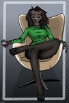 anthro beverage brown_body brown_hair chair claws clothing container crossed_legs cup drinking_glass female finger_claws fingers footwear furniture glass glass_container glass_cup gradient_background green_clothing green_eyes green_shirt green_topwear hair jacket legwear office_chair shirt shoes simple_background sitting solo stockings topwear wine_glass hardenonn canid canine canis domestic_dog mammal hi_res