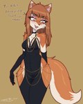 anthro breasts brown_hair clothed clothing dress female fur hair long_hair open_mouth red_eyes simple_background smile solo tail text sprrigs- hollow_hip_backless_chain_dress meme_clothing spice_and_wolf holo_(spice_and_wolf) canid canine canis mammal wolf 4:5 digital_media_(artwork) hi_res meme