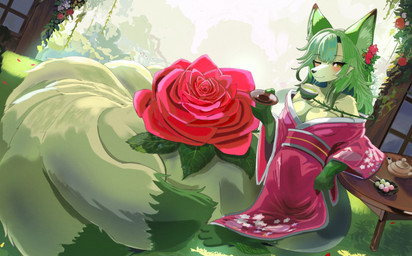 accessory all_fours asian_clothing breasts closed_smile clothed clothing container cup dipstick_tail east_asian_clothing female flower flower_in_hair fur green_body green_eyes green_fur green_hair hair hair_accessory inner_ear_fluff inside japanese_clothing kimono lounging markings mouth_closed multi_tail obi one_eye_closed partially_clothed plant rose_(flower) sake_dish smile solo tail tail_markings tea_cup tuft wink kemo_yuki rosy_blossom_(rye_bread_dragon) canid canid_taur canine canine_taur fox fox_taur mammal mammal_taur taur hi_res
